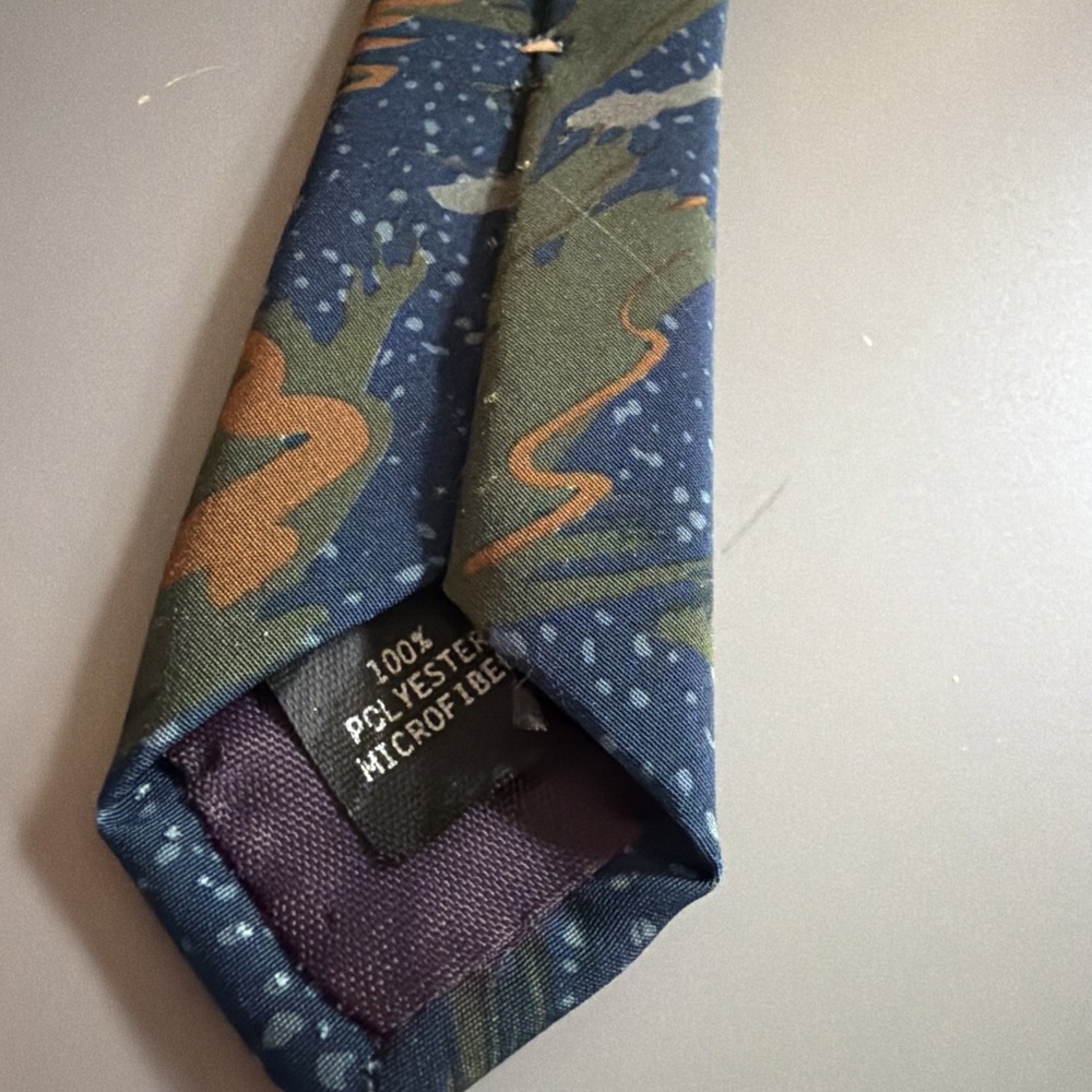Vintage 1980s Manhattan Men's Neck Tie Abstract Swirl Blue Olive Green Yellow - Picture 5 of 6